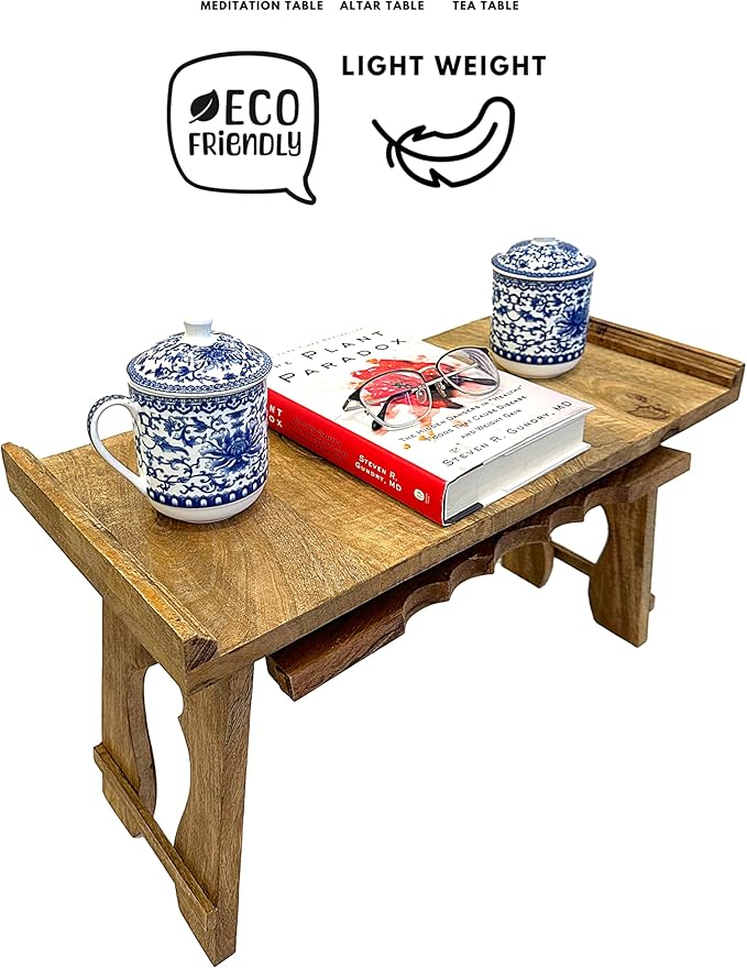 Tribe Azure Fair Trade Altar Table, Meditation Table, Puja, Meditation Wood Wiccan Altar Buddhist, Japanese, Small Low Side Chabudai Coffee Floor (Tea Table)