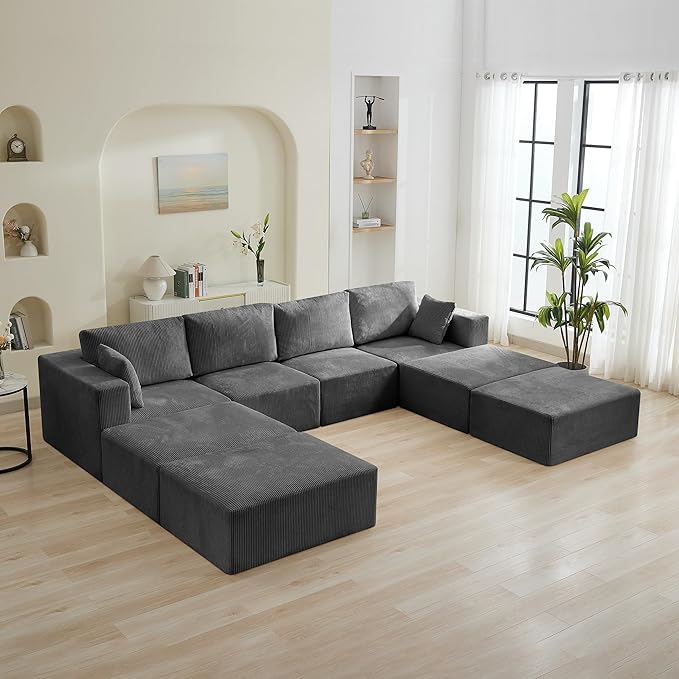 146'' Oversized Boneless Sofa Bed, 4 Seater Modular Sectional Couch with 4 Moveable Ottoman, No Asswmbly Corduroy Compression Sofas with Chaise for Home House, Grey