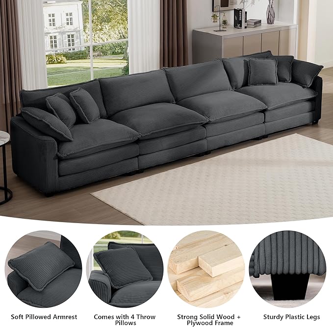 Aoowow Corduroy 4 Seater Sofa Couch,Modern Large Cloud Couches for Living Room,Tufted Modular Sectional Cloud Sofas with Deep Seat,Oversized 4 Seat Sofa Set (Grey, 4 Seater)
