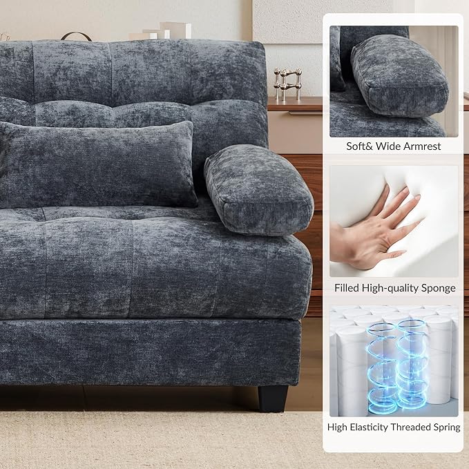 GRAINLLE 67'' Modern Chenille Love Seat Sleeper Cloud Couch Bed,Convertible Cozy Deep Seat Couches with Wide Armrest & Throw Pillows for Living Room,Home,Bedroom(Blue)