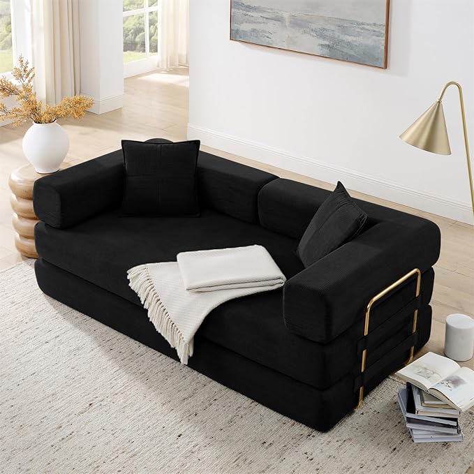 Antetek Convertible Futon Sofa Bed, 3-Seater Modern Corduroy Foam Floor King Size Bed Fold Out Sleeper Lounge Loveseat Sofa Couch with 2 Throw Pillows for Living Room Bedroom Guest Room, Black