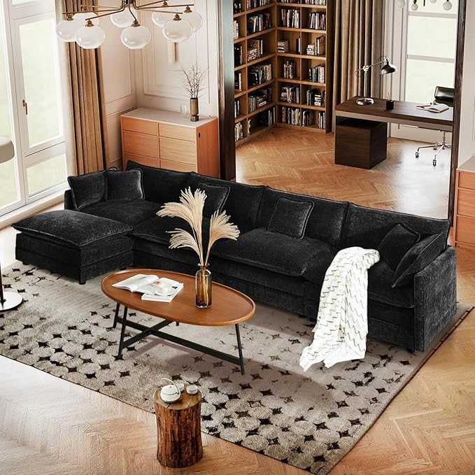 SoarFlash Chenille Sectional Sofa, Comfy L Shaped Modular Coush Sofa with Ottoman, Modern 4 Seat Couch Deep Seat Sofa Set for Living Room,Black