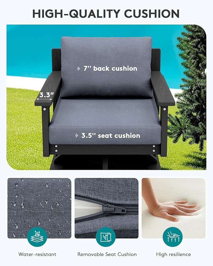 SERWALL HDPE Outdoor Patio Furniture Set, All-Weather 3-Seater Couch with 2 Single Seat Swivel Sofas with Thick Cushions for Lawn, Deck, Black Frame with Gray Cushions