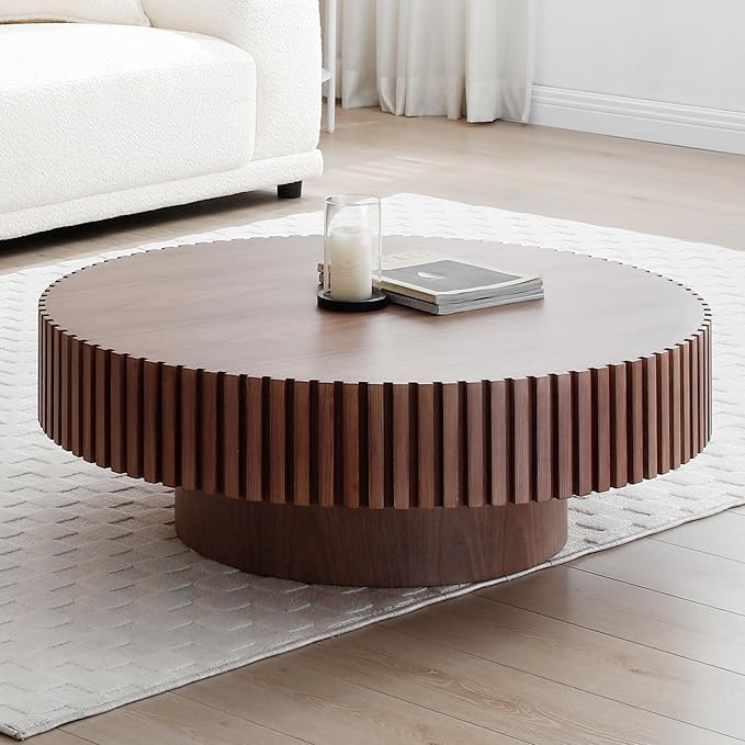 35.43''/90CM Round Wood Coffee Table for Living Room, Modern Handcraft Drum Coffee Table, Circle Wooden Tea Table for Small Space Apartment (Walnut, Ø35.43 x 13.77)