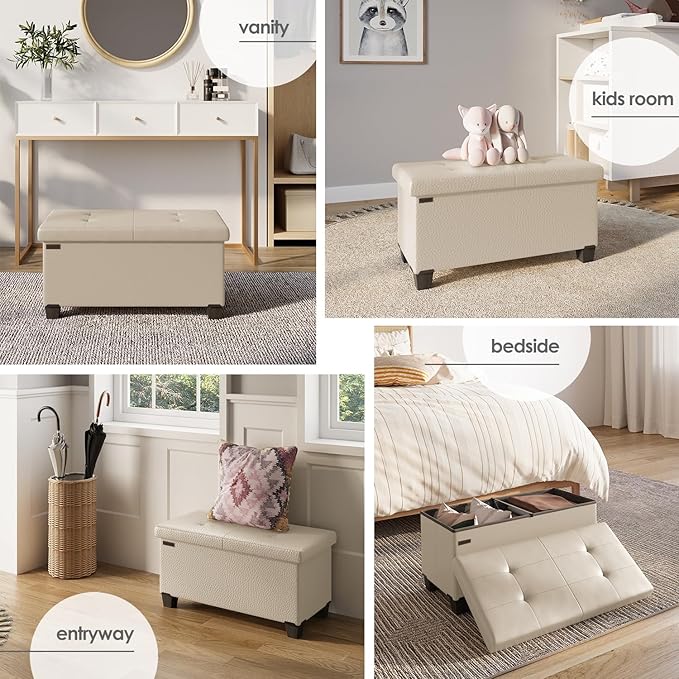Storage Ottoman Bench with Bins, 30-in Storage Bench for Bedroom End of Bed, Folding Foot Rest Ottoman for Living Room Max 660lbs, Faux Leather Ottomans, Beige