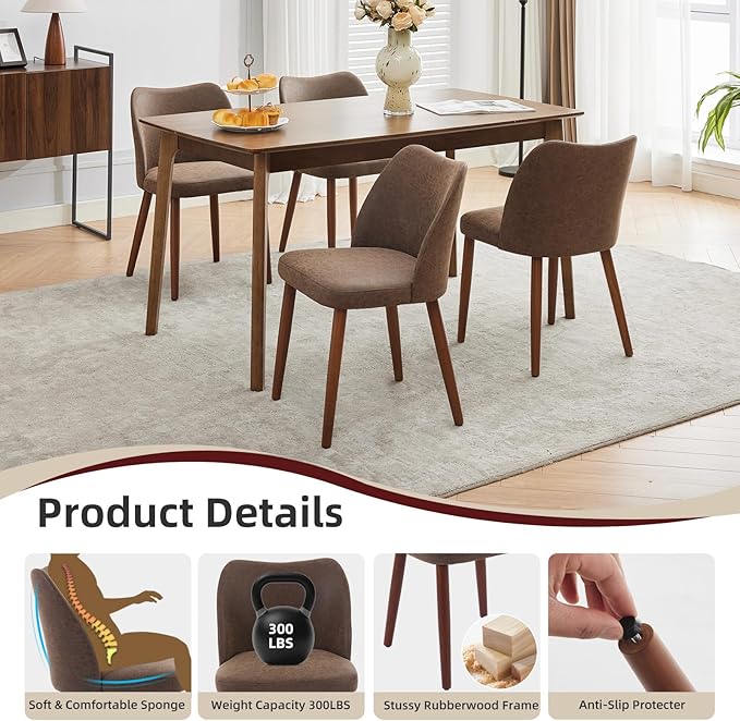 ElfinAura Dining Chair Set of 4, Leather Upholstered Dining Chair with Wood Legs, Wing Backrest, Wooden Kitchen Chair, Kitchen Chairs with Thick Cushions for Dining Room, Living Room, Taupe