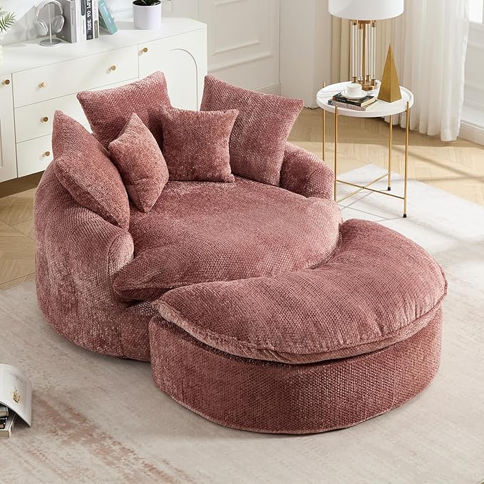 54" Oversized Round Chaise Lounge Indoor Boneless Bean Bag Chair with Movable Ottoman Fluffy Comfy Reading Chair Large Circle Cloud Couch Sleeper Sofa Bed for Living Room, Bedroom, Apartment, Pink
