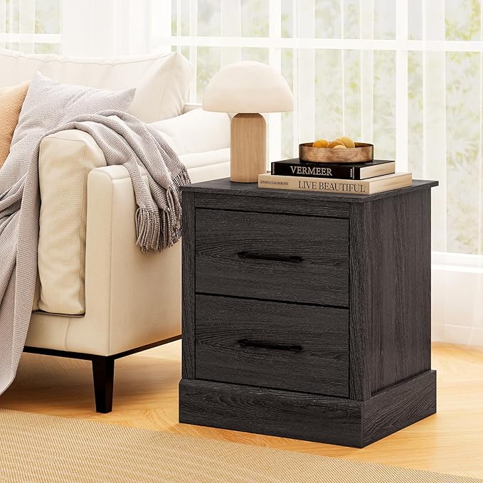 SIMOE Grey Oak Farmhouse Nightstand Set of 2, Wooden Bedside Table with 2 Storage Drawers, Compact Floor-Standing Night Stand, Accent Sofa Side Table for Bedrooms