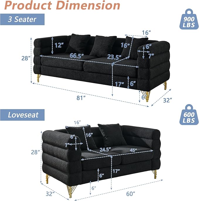 mikibama Luxury Teddy Sofa Set for Living Room, Modern Decor Furniture Sectional Sofa, 3 Seater Couch and Loveseat with 5 Pillows for Apartment, Office, Hall (Black)