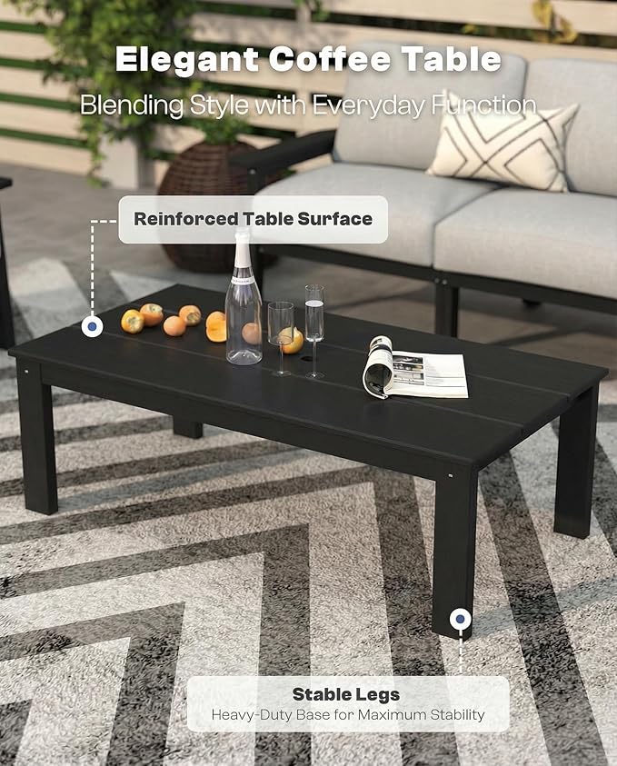 Patio Kingdom Patio Furniture Set 7 Seats, HDPE Outdoor Sectional with Gray Washable Thick Cushions, Coffee Table, Patio Conversation Sets for Lawn, Garden, Porch, Balcony, Deck (Black Frame)