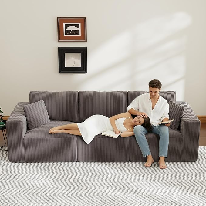 110" Modular Sectional Sofa, Cloud Couch Memory Foam 3-Seater Boneless Sofa, Cozy Upholstered Corduroy Frameless Couch, No Assembly Required Extra Wide Seating for Living Room & Apartment, Grey