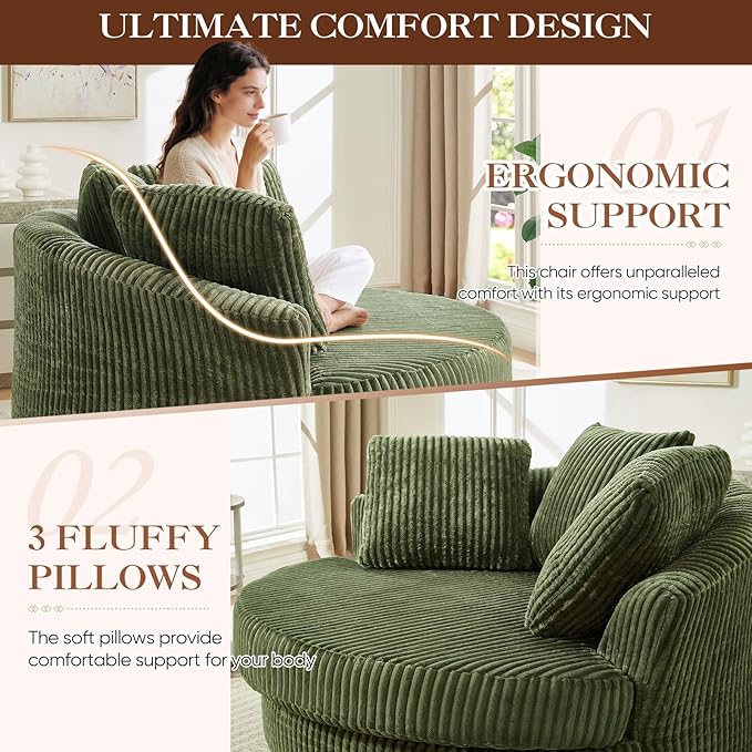 61"W Oversized Round Chaise Lounge Chair Indoor, Upholstered Corduroy Large Circle Boneless Chair with Deep Seat, No Assembly Required, Modern Comfy Cloud Sofa Chairs for Living Room, Bedroom(Green)
