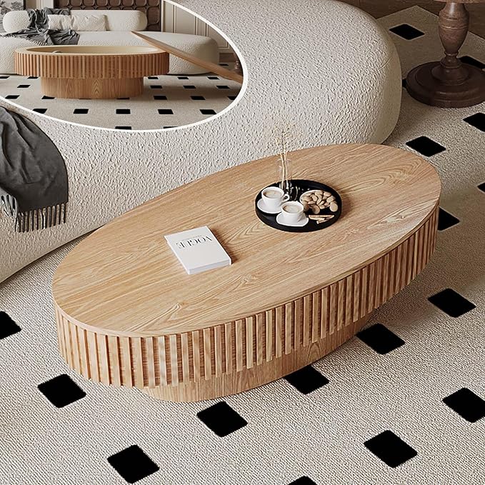 FGXJY Oval Coffee Table with Storage, Modern Wooden Coffee Table with Solid Wood Veneered, Fluted Center Table Drum Tea Table for Living Room Apartment, 47.2''L×23.6''W×14.2''H