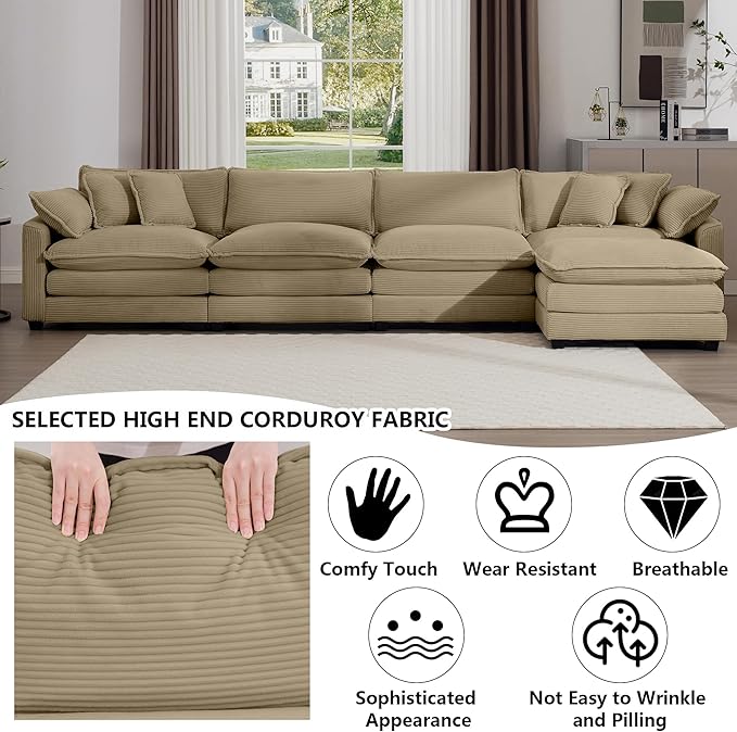 Aoowow Corduroy 4 Seater Cloud Couch with Ottoman,Modern Cloud Couches for Living Room,Modular Sectional Cloud Sofas with Deep Seat,Oversized Tufted L-Shaped Sofa Set (Tan, 4 Seater + 1 Ottoman)