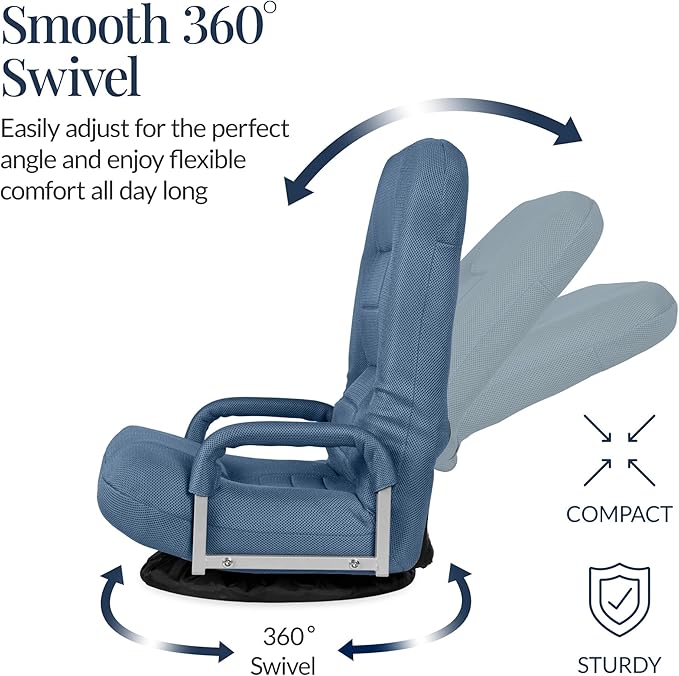 Best Choice Products Swivel Gaming Chair 360 Degree Multipurpose Floor Chair Rocker for TV, Reading, Playing Video Games w/Lumbar Support, Armrest Handles, Adjustable Foldable Backrest - Dusty Blue