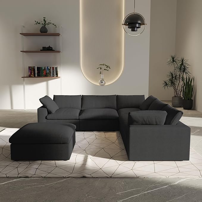 V-Shaped Cloud Sectional Couch, Modular Sectional Sofa, Modern Comfy Cloud Sofa with Storage Ottoman, Covers Removable, Convertible Sleeper Couch for Living Room Apartment (Black, Linen Fabric)
