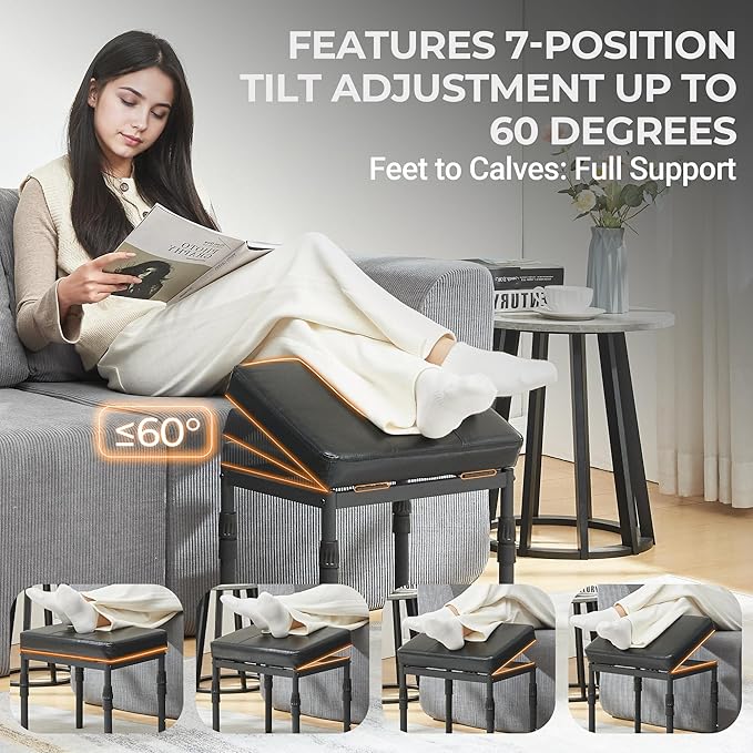 Adjustable Ottoman Pouf, 4 Height Position & 60 Degree Tilt Angle Synthetic Leather Ottomans Foot Stools Stool Pouffe FootStool Under Desk for Living Room Home Office(Black Synthetic Leather)