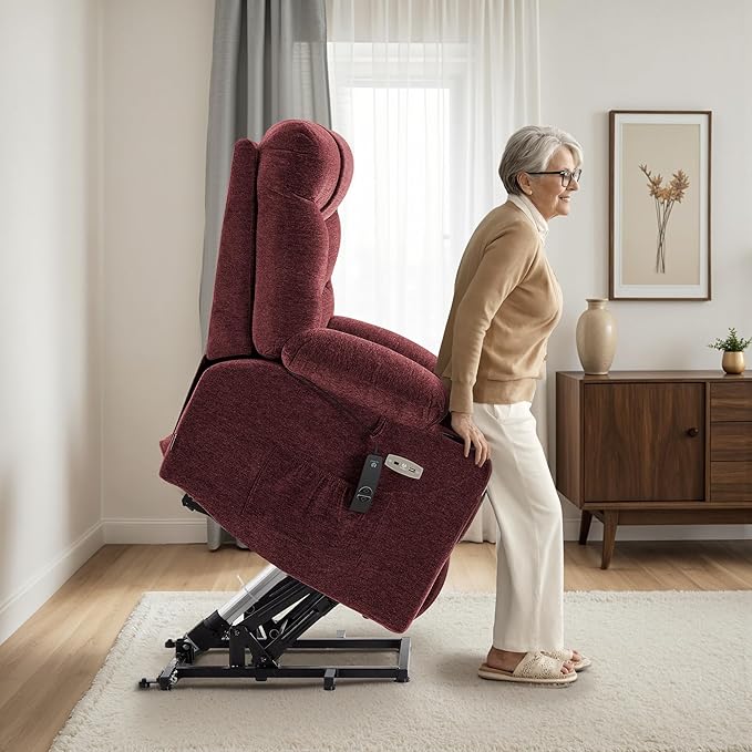 MCombo Power Lift Recliner Chair for Elderly, Electric Lift Chair with Extended Footrest, USB Ports, Cup Holders, Fabric 7281 (Burgundy, Small)