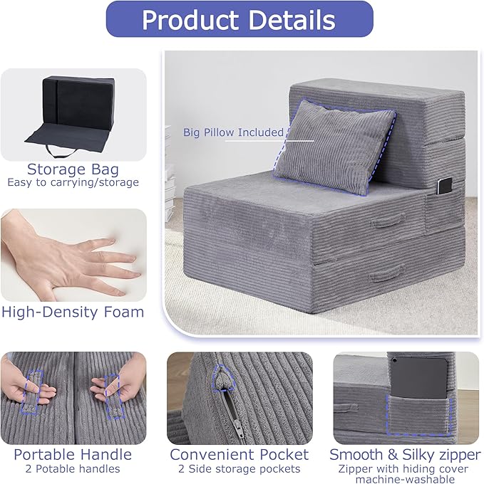 HILERO Folding Sofa Bed, 4 in 1 Convertible Sleeper Chair with Pillow, Single Memory Foam Fold Out Chair Bed, Modern Floor Futon Sofa Couch Mattress for Living Room/Guest/Apartment, Light Gray
