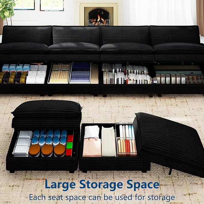 Modular Sectional U Shaped Sofa Couches with Storage Ottoman, Cloud Couch for Living Room, Comfy Sofa with Pillow, Dark Black