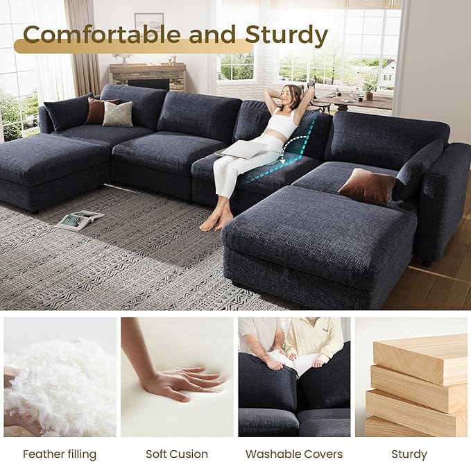 KKL Modular Sectional Sofa Couches for Living Room, U Shaped Sofa Couch with Adjustable Backrest, 4 Seater Sofa Couch with Convertible Ottoman and Comfy Cushion, Chenille, Blue