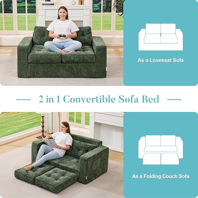 Hobestluk Sofa Couch Loveseat Sofa with Chenille Fabric 2-Seater Sofa for Small Spaces Comfortable Foam Floor Sofa 2 in 1 Boneless Couch for Living Room Bedroom Apartment or Office (Green, Loveseat)