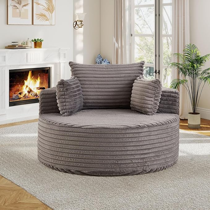 50"W Oversized Round Chaise Lounge Chair Indoor, Upholstered Corduroy Deep Seat Cloud Circle Sofa Chair, Modern Fluffy Comfy Floor Reading Armchair for Living Room, Bedroom, No Assembly Required, Grey