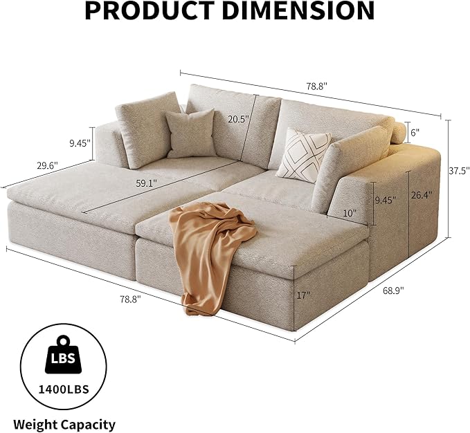 OTSLTSOO Cloud Couch Loveseat, 79" Boneless Deep Seat Sofa with 2 Ottomans, 2-Seater Modular Ergonomic Couch for Living Room, Memory Foam Comfy Sofa No Assembly Required (Beige,2 Ottomans)