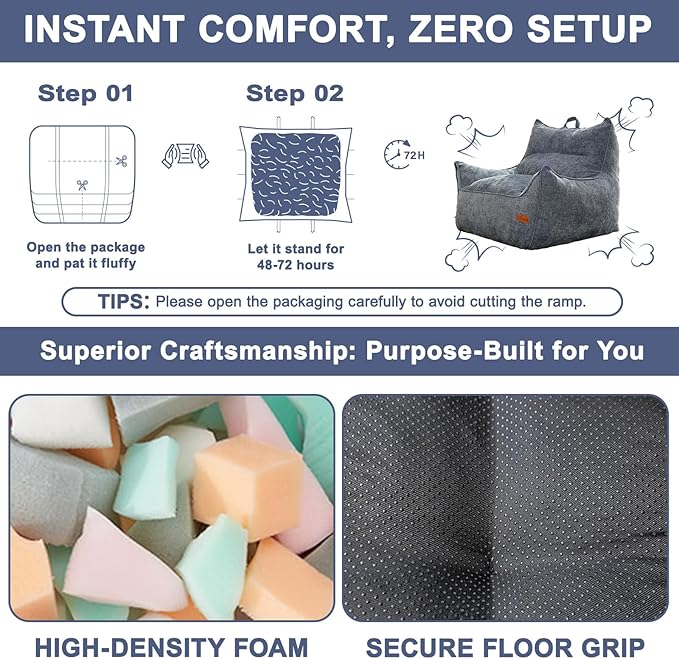 Giant Bean Bag Chair, Beanbag Chairs for Adults, Teens & Kids, Comfy Sofa Chair with Handle & Filling for Living Room, Reading & Gaming, Non-Slip(Bule-XL)