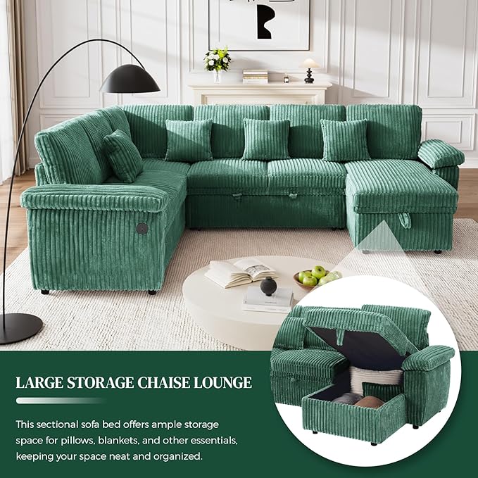 Modular Sectional Sleeper Sofa with Pull Out Bed, Storage Chaise & USB Charging, U Shaped Plush Corduroy Sectional Couches for Living Room, Comfy Convertible 7 Seat Cloud Sofa Bed Emerald Green