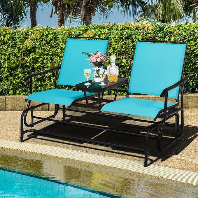 Giantex Patio Bench Glider Chair with Metal Frame, Center Tempered Glass Table, Outside Double Rocking Swing Loveseat for Porch, Garden, Poolside, Balcony, Lawn Rocker Outdoor Glider Bench(Turquoise)