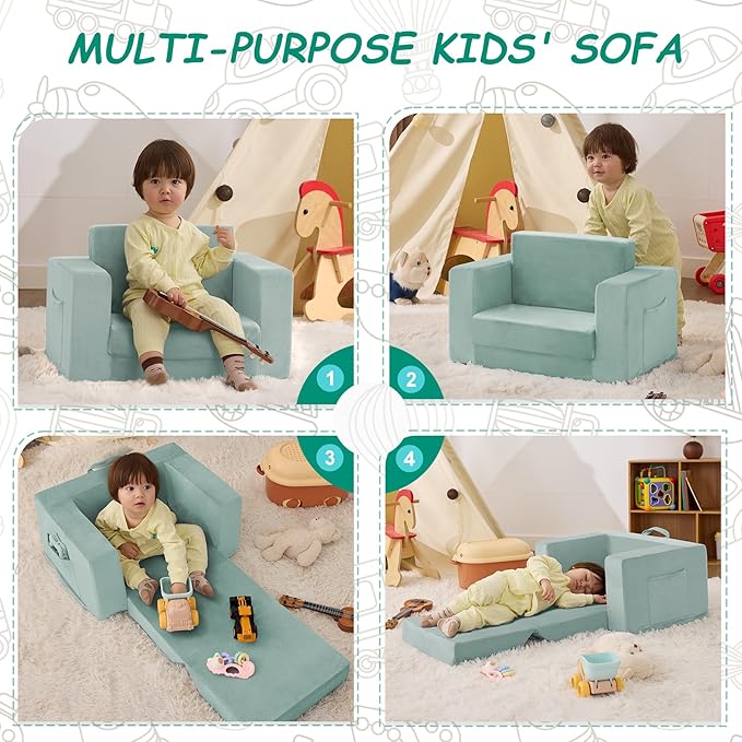 Kids Couch, 2-in-1 Toddler Chair Comfy 1-3 Years, Convertible Kids Chair, Toddler Couch That Fold Out, Kid Lounge Chairs for Boys and Girls, Soft Coral Fleece, Single, Teal