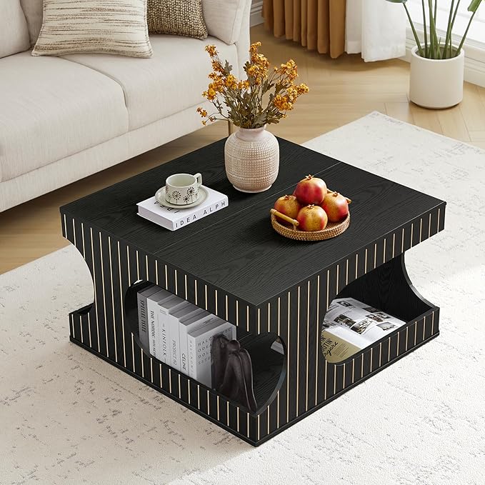 weselon 31.5" Square Coffee Table with Storage, Mid-Century Modern Center Table with Arched Cutouts and Carved Lines, 2-Tier Tea Table for Living Room, Cat-Friendly Base (Black)