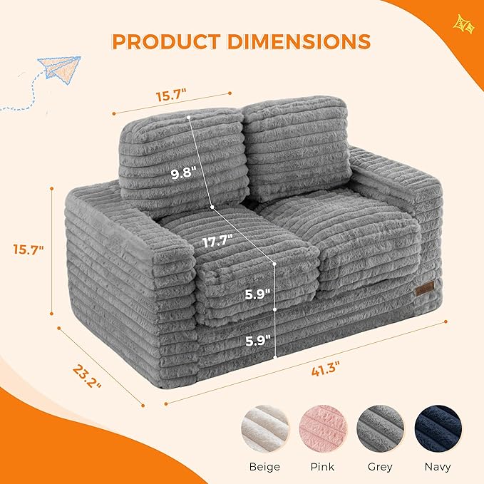 MAXYOYO Extra Wide Kids Bean Bag Chair, Comfy Faux Fur Bean Bag Sofa with Filler, Upholstered Floor Sofa with Pillows and Armrests, Lazy Floor Chair Couch for Boys and Girls, Grey
