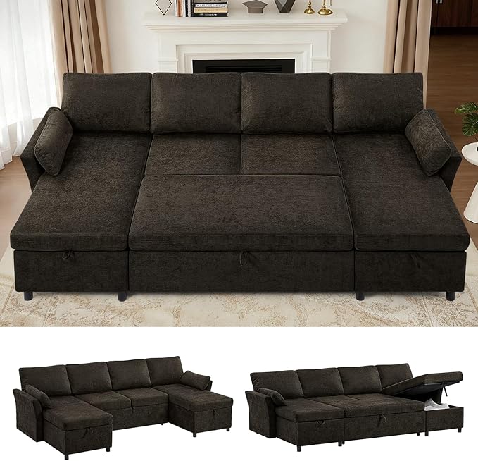 ACMEASE 107 Inches Fabric Sectional Sofa with Pull Out Sofa Bed, Modern U Shaped Sofa with Throw Pillows, Comfortable Sleeper Couch with Storage Chaise for Living Room, Brown