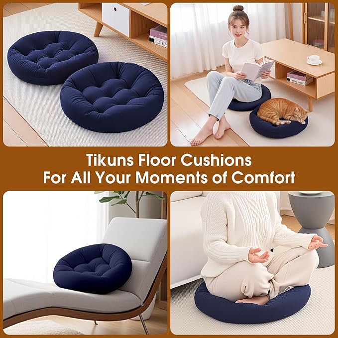 Floor Pillows for Adults, 22x22x6 Inch Meditation Cushions, Large Round Sitting Cushion Living Room Memory Foam Pillow for Sitting (1, Navy, 22x22x6 Inch)