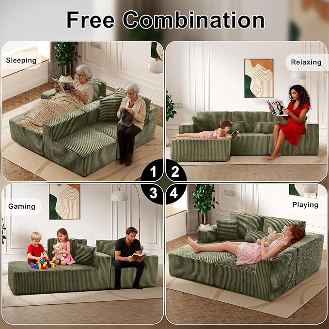 Modular Sectional Sofa Cloud Sectional Couch, 107" Comfy Fluffy L Shaped Olive Green Couches for Living Room, Deep Seat Memory Foam Plush Corduroy Boneless Couch Sectionals Left Facing Chaise Sofa