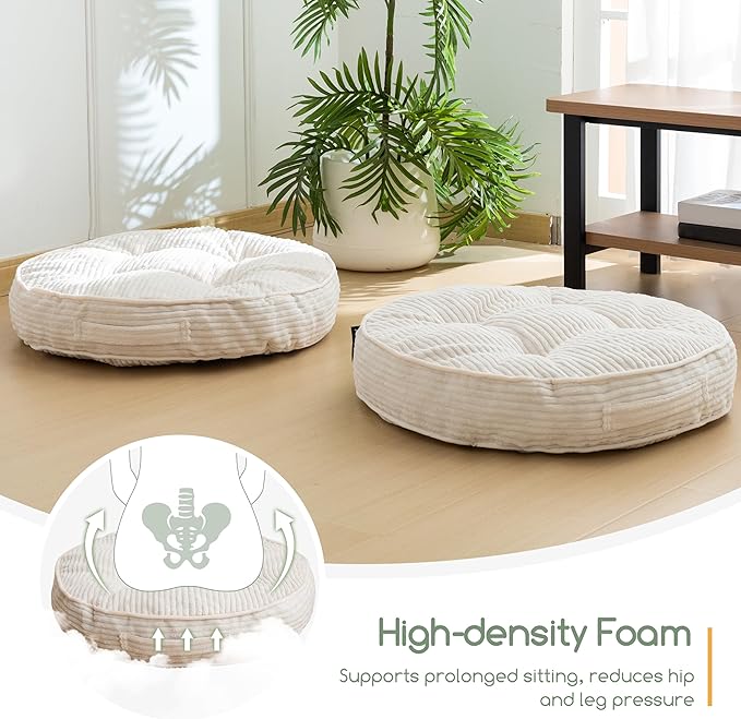HIGOGOGO Washable Floor Pillow Cushion for Adults, Meditation Cushion Pillow, Large Round Floor Sitting, Removable Tufted Corduroy Cover, for Tatami Living Room or Yoga, 22x22 Inch, Machine Washable