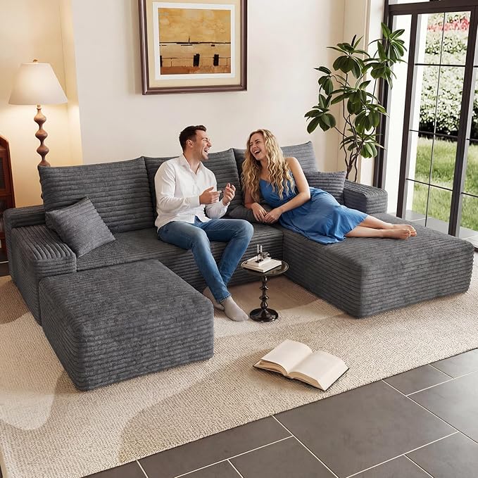 95" Cloud Sectional Couch with Ottoman,Modern U-Shaped Cloud Couch with Deep Seat,Comfy Corduroy 3-Seater Sofa,Memory Foam Sofa for Living Room,No Assembly (Dark Gray,Right-Facing Chaise)
