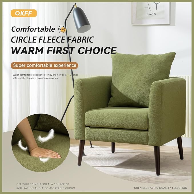 QKFF Barrel Accent Chair with Back Pillow, Large Upholstered Armchair with Solid Wood Legs Modern Reading Chairs for Living Room Bedroom