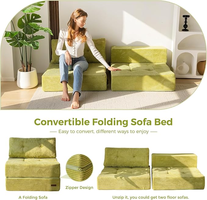 MAXYOYO Folding Sofa Bed, Convertible Sofa Bed with High-Density Support Foam, Portable 4 in 1 Fold Out Chair to Floor Lounger, Versatile Floor Couch for Living Room Bedroom, Green