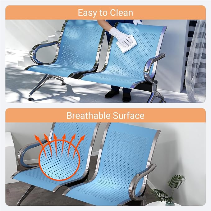 Kinfant 2-Seat Waiting Room Chair - Office Guest Reception Chairs with Ergonomic Backrests, Airport Waiting Bench with Armrests, Metal Waiting Furniture for Hospital, Bank, Salon (Blue, Set of 2)