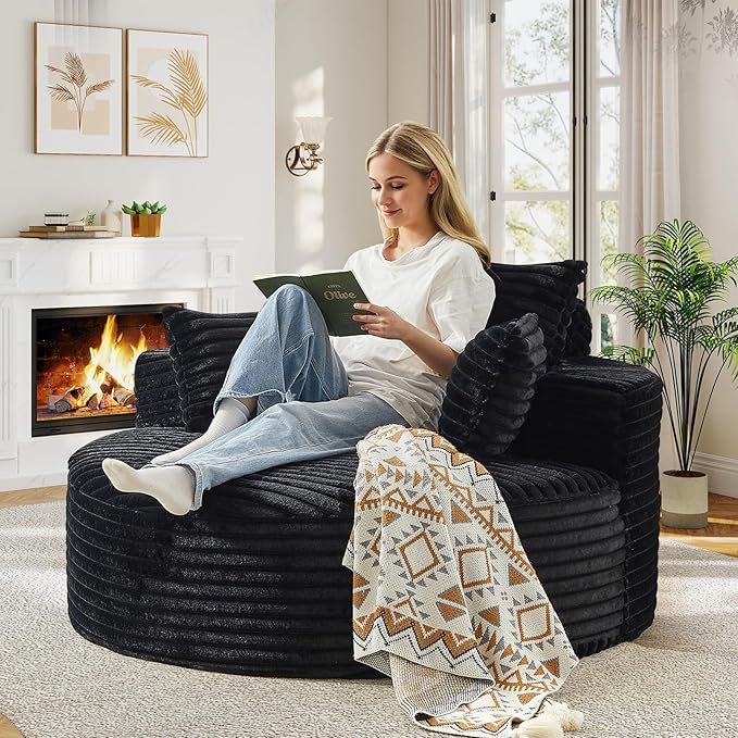 55"W Oversized Round Chair Lounge Chaise Indoor, Upholstered Comfy Circle Sofa Armchair, Modern Cozy Boneless Foam Floor Reading Chair for Living Room, Bedroom, No Assembly Required(Corduroy, Black)
