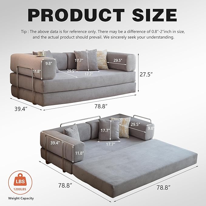 LIAROO 78.8" Convertible Sofa Bed - Compression Sofa with Corduroy Fabric - with Armrests and Backrest - Modular Sectional for Living Room, Bedroom, Studio - Compression Sofa in Box (Grey)