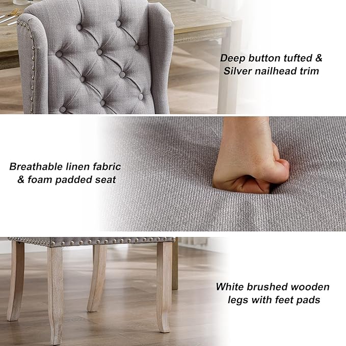 DUOMAY Modern Tufted Dining Chairs Set of 2, Linen Upholstered Dining Room Chairs Armless Guest Side Chair for Kitchen Dining Room, Wingback Accent Chairs with Solid Wood, Grey