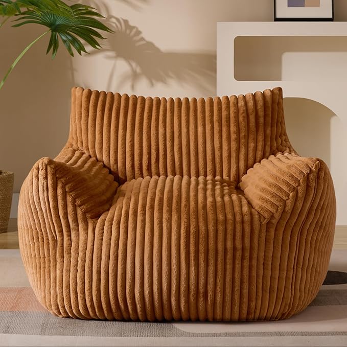 Giant Plush Bean Bag Chair for Adults with Armrests - Oversized Comfy Orange Beanbag Lounge Lazy Floor Sofa Accent Chair for Living Room, Bedroom & Dorm, Cozy Fluffy Single Cloud Mini Couch