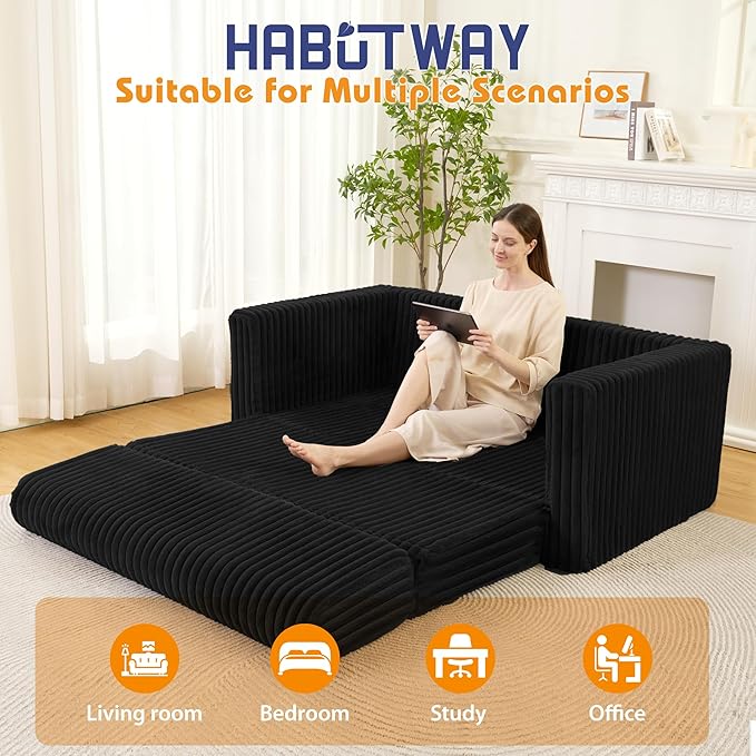 HABUTWAY Folding Sofa Bed, 2 in 1 Convertible Sleeper Chair with Armrest, Portable Fold Out Chair Bed, Comfy Floor Couch, Multi-Functional Lazy Sofa for Living Room Bedroom Dorm Home Office, Black