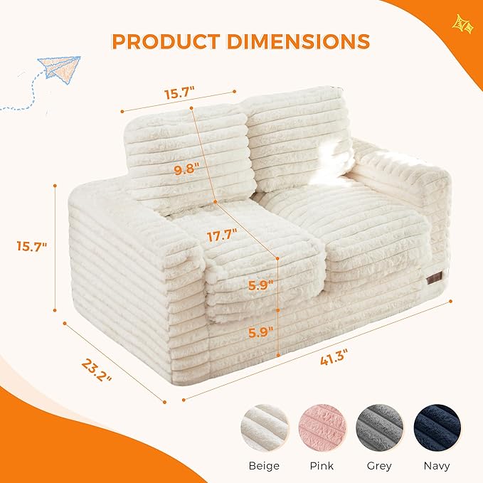 MAXYOYO Extra Wide Kids Bean Bag Chair, Comfy Faux Fur Bean Bag Sofa with Filler, Upholstered Floor Sofa with Pillows and Armrests, Lazy Floor Chair Couch for Boys and Girls, Beige