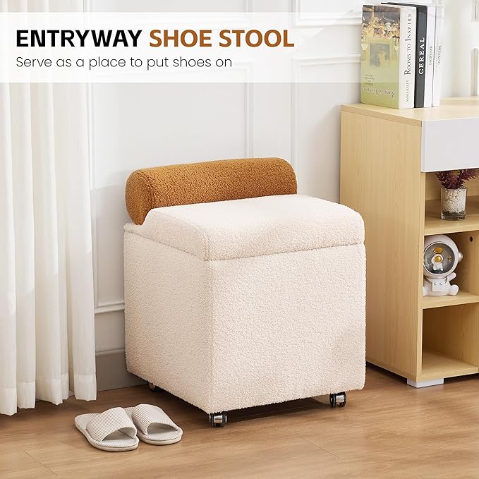 Boucle Vanity Chair with Storage, Swivel Vanity Stool with Safety Hinge, Upholstered Makeup Chair with Wheels, Square Ottoman Stool for Living Room, Dressing, Bedroom, Beige