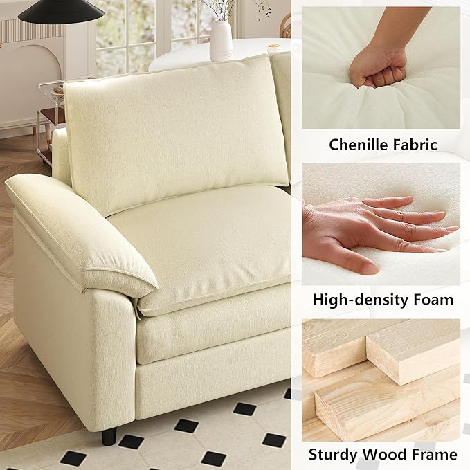Aoowow Modular Sectional Sofa Modern Convertible L Shaped Couch,118.9 Inch Deep 3-Seater Sofas Set Comfy Chenille Cloud Sofas and Couches with Movable Ottoman for Living Room Apartment(Beige)